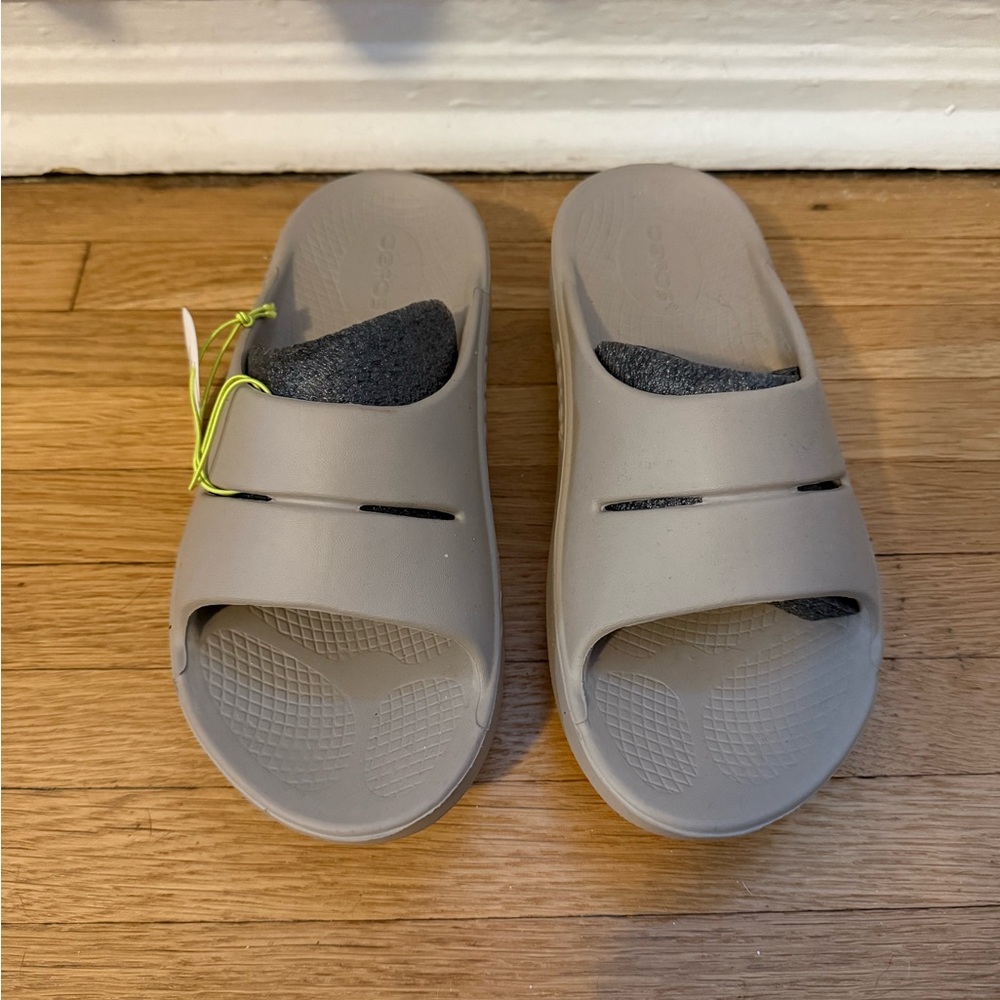 OOFOS Gray Slide Sandals with Neon Accent